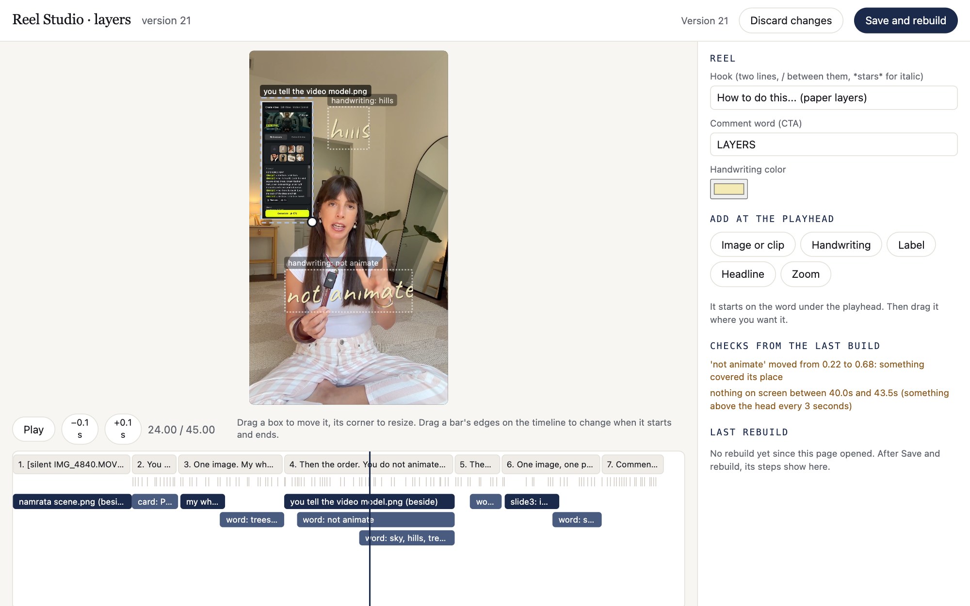 The Reel Studio editor page open on our LAYERS reel: the reel in the middle with an image and handwriting boxes, a timeline of sentences and layers below, and settings for the hook and comment word on the right